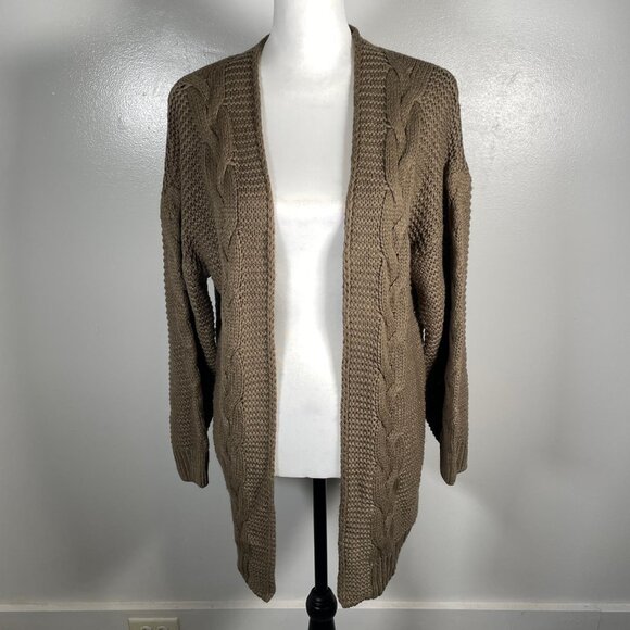 Olive Green Shawl Neck Open Front Waffle Cable Knit 3/4 Sleeve Cardigan L - Picture 2 of 11